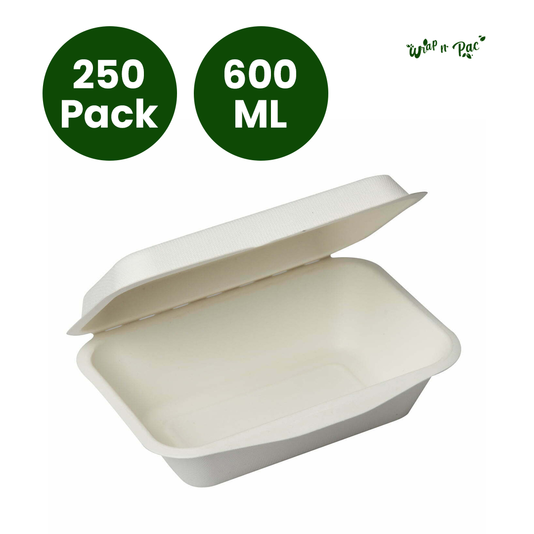 200-Pack Medium 600ml Biodegradable Clamshell Boxes