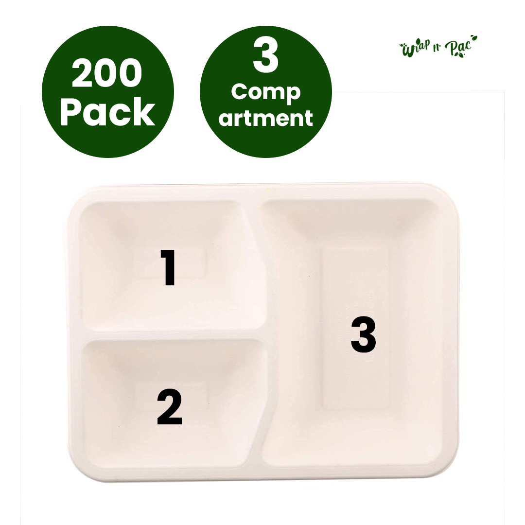 200-Pack Medium 3-Compartment Biodegradable Trays: Compostable & Hygienic