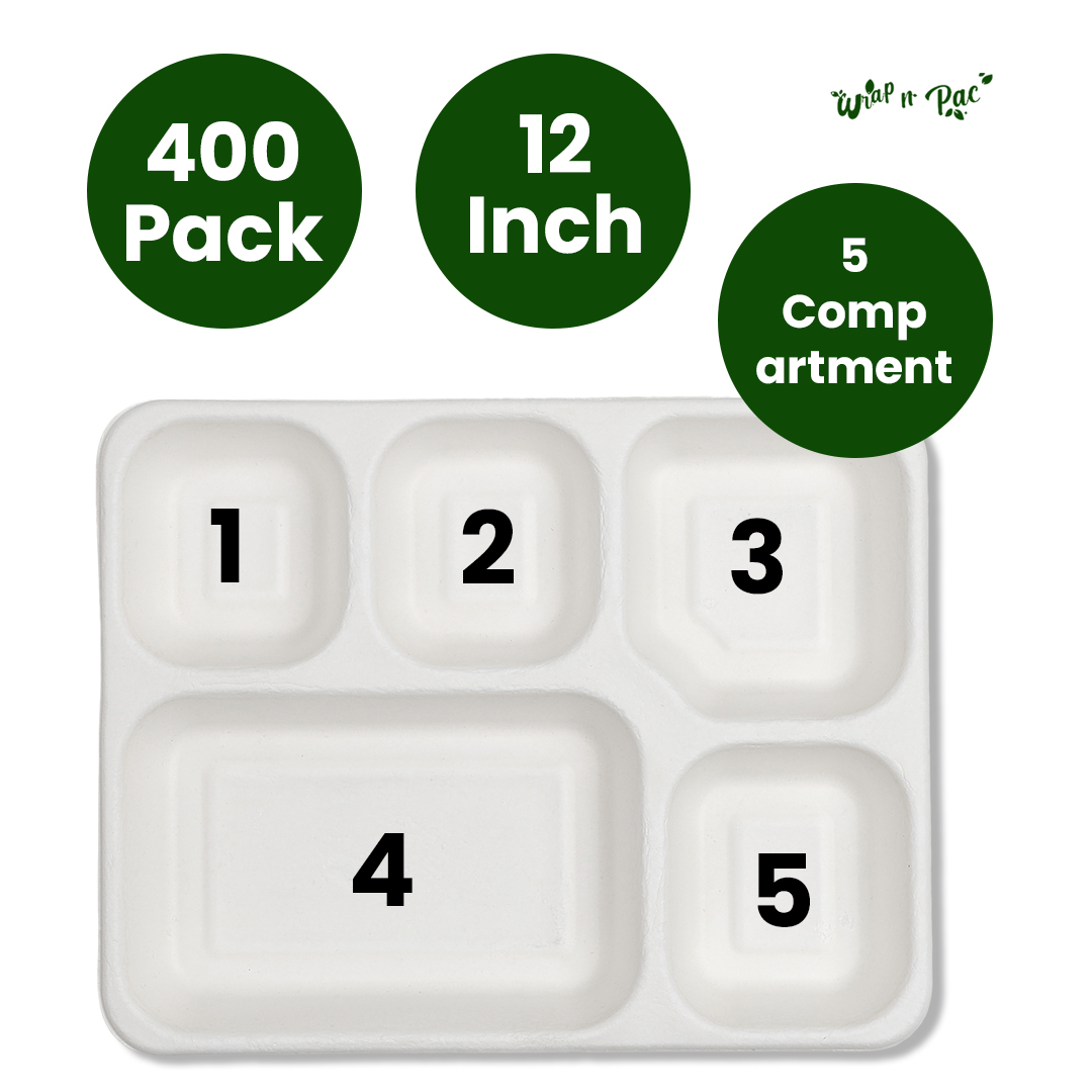 400-Pack 5-Compartment Biodegradable Meal Trays: Compostable & Hygienic